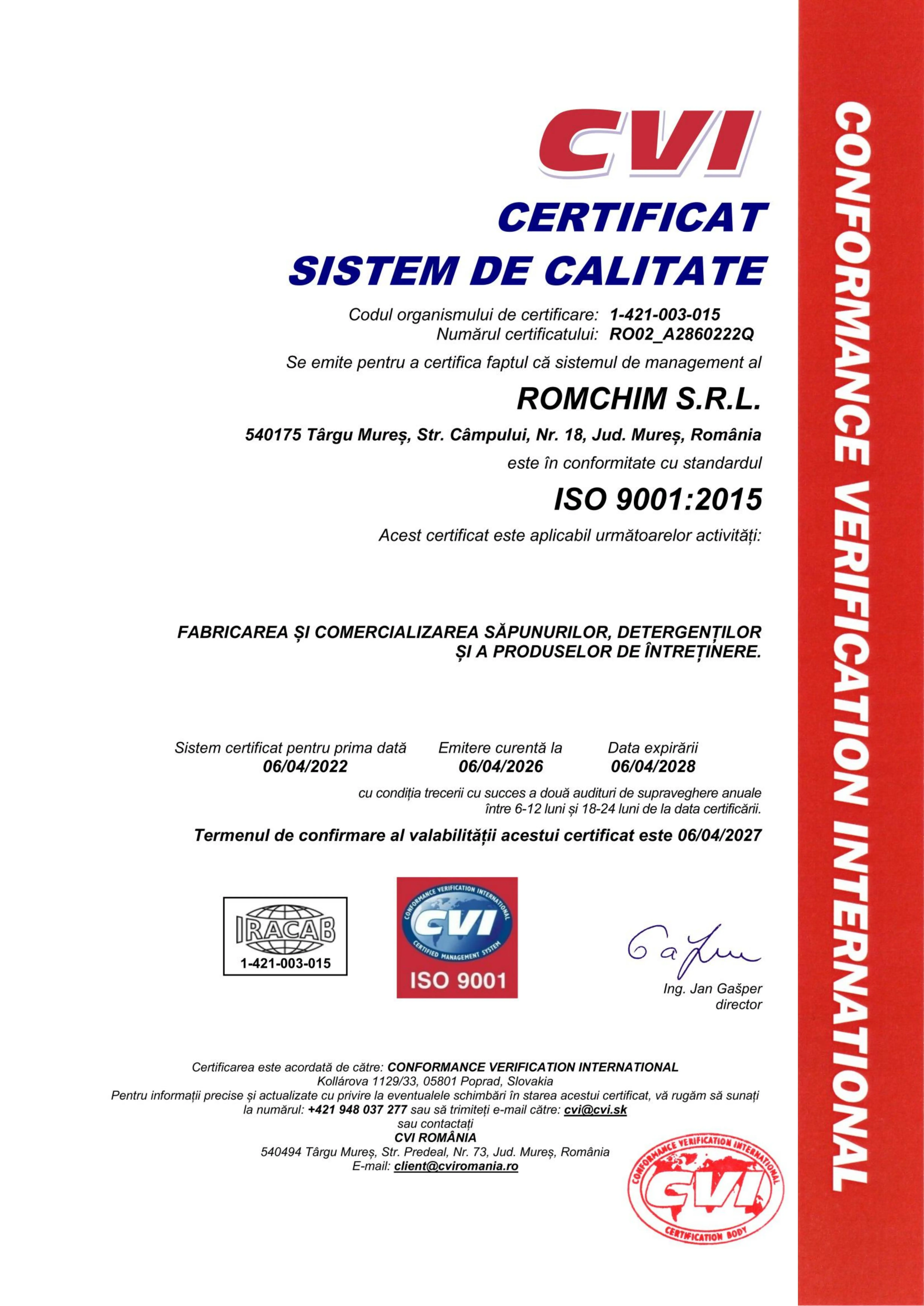 Certificat ISO 9001 RO